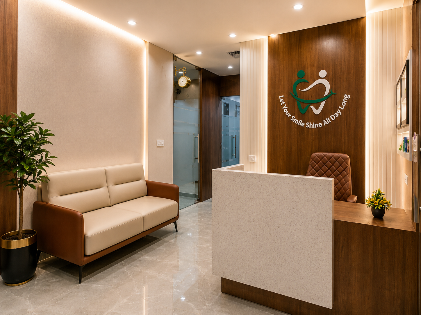 Reception area inside Shiv Shakti Dental Clinic with warm lighting and seating